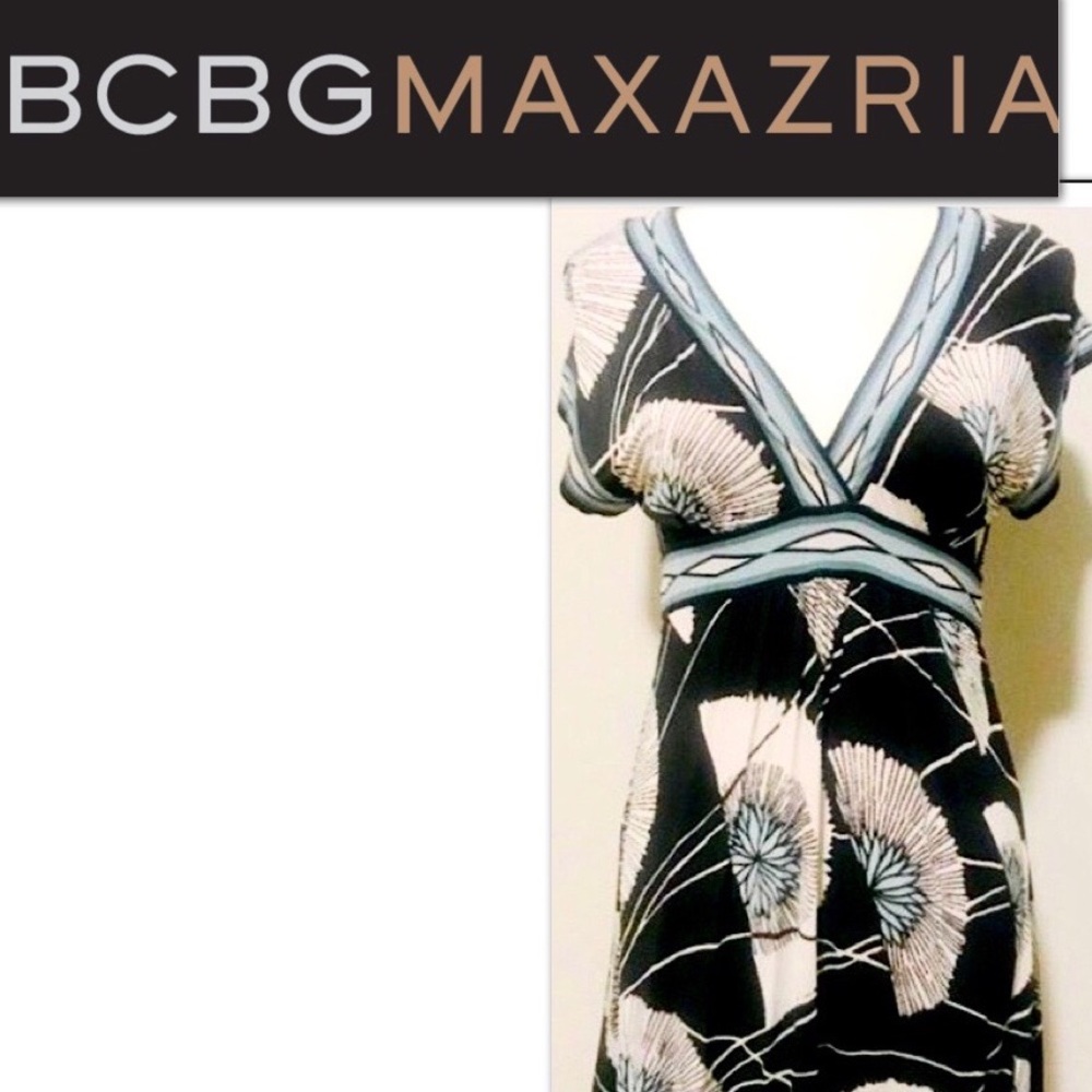BCBGMaxAzria v-neck black dress, tropical floral print EUC very comfy!